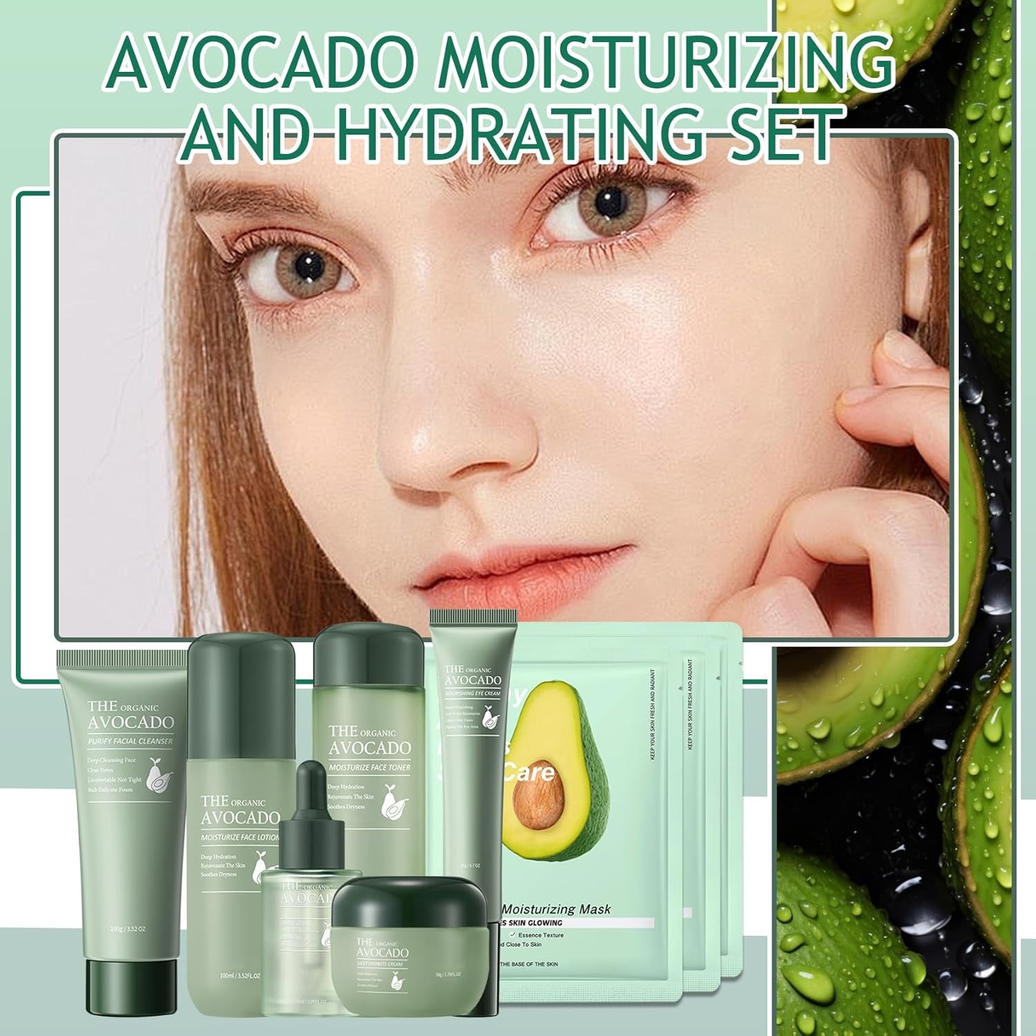 Ultimate Avocado Skin Care Set: Complete Facial Kit with Cleanser, Toner, Eye Cream, Serum, Lotion & 3 Face Masks - Travel-Friendly Skincare Essentials for Radiant Skin